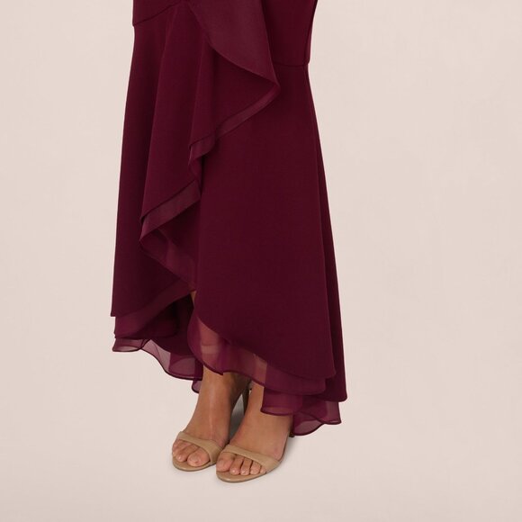 Adrianna Papell High Low Crepe Halter Gown With Organza Draping - Picture 7 of 8